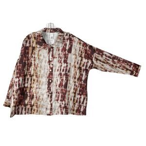 NWOT WYNNE LAYERS Top L Ivory-Red-Brown Abstract Pearl Button Up Long Sleeve